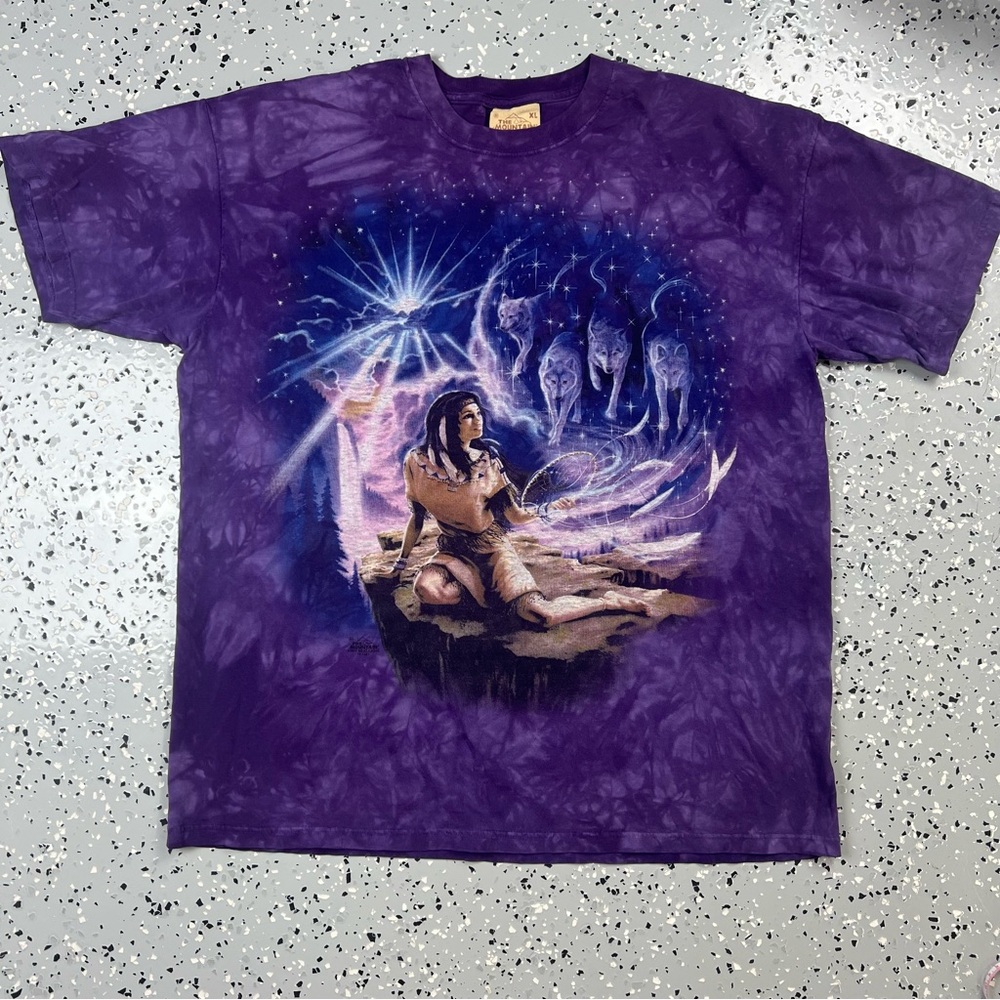 VTG The Mountain Tee Native American and Wolf purple tye dye t-shirt
